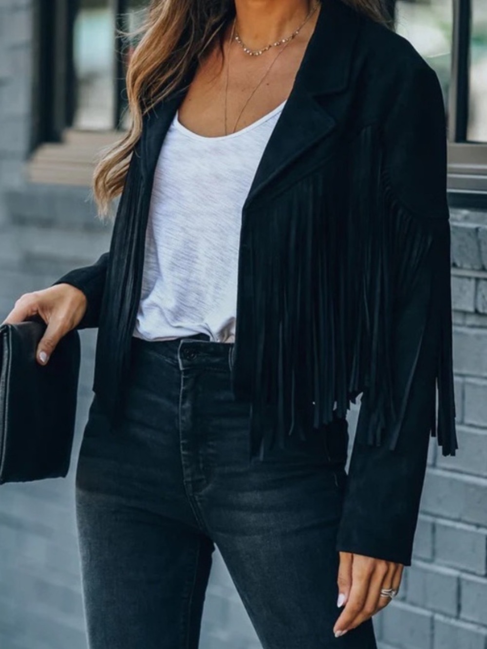 Black Fringe Faux Suede Jacket